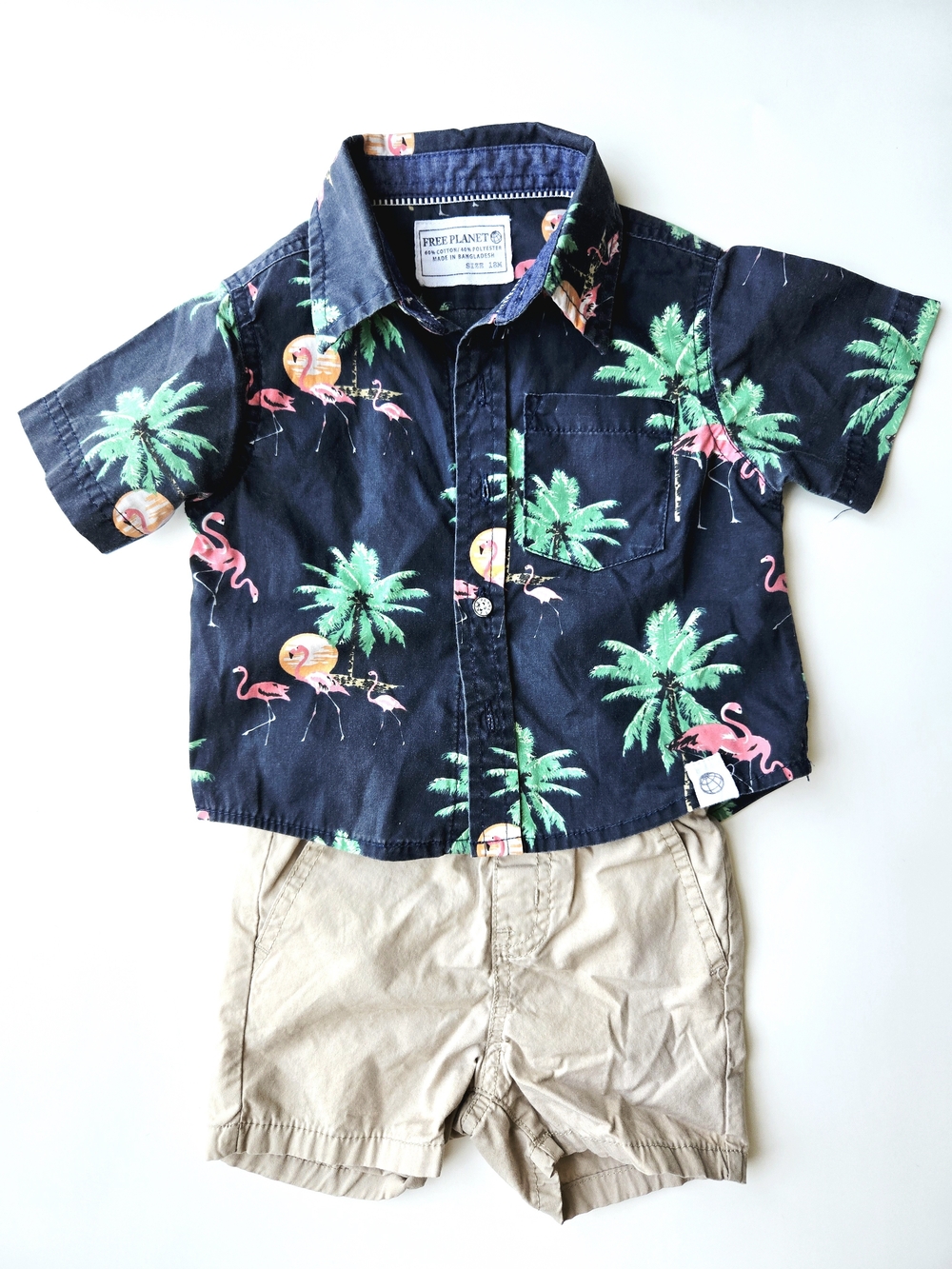 2PC Free Planet Toddler Boy Flamingo Hawaiian Shirt & Khaki Shorts Set 18M
